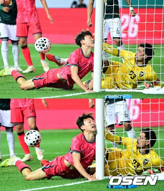 [OSEN=대전, 최규한 기자] 14일 오후 대전월드컵경기장에서 대한민국과 볼리비아의 축구 국가대표팀 평가전이 열렸다.홍명보호는 내년 6월 열리는 2026 국제축구협회(FIFA) 북중미월드컵을 앞두고 월드컵 남미 예선에서 7위를 거두며 플레이오프에 진출한볼리비아를 상대로 본선에서의 경쟁력을 시험할 기회를 갖는다.전반 한국 이재성이 헤더슛을 시도하다 골대에 부딪치고 있다. 2025.11.14 / dreamer@osen.co.kr