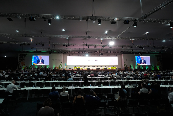 17일 브라질 벨렝에서 열리는 COP30 회의장에서 사이먼 스티엘 유엔기후변화협약 사무총장이 발언하고 있다. AP=연합뉴스