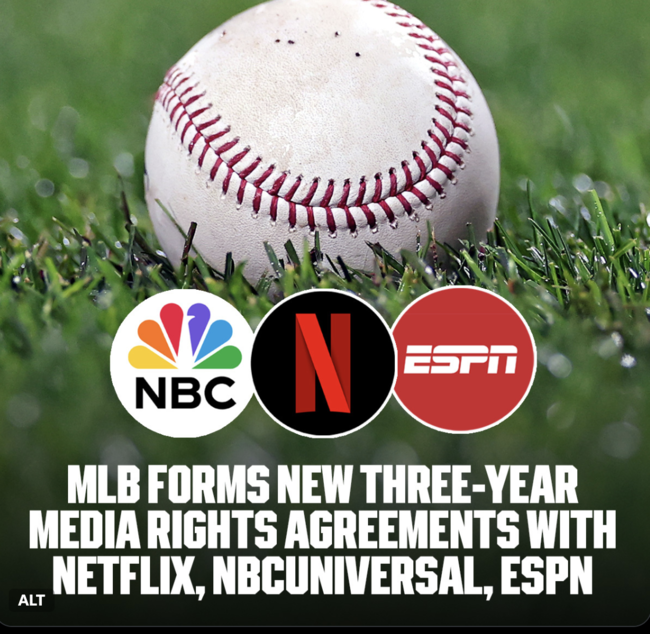 MLB.com은 20일(이하 한국시간) “넷플릭스, ESPN, NBC와 미국 내 MLB 중계권 계약을 맺었다”고 알렸다. 계약 기간은 2026년부터 2028년까지 3년이다. / MLB SNS