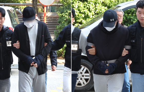 인천 연수구 아파트 지하주차장에서 유명 유튜버를 납치하고 살해하려 한 남성 2명이 지난달 29일 인천 미추홀구 인천지방법원에서 열린 구속 전 피의자 심문(영장실질심사)에 출석하고 있다. 연합뉴스