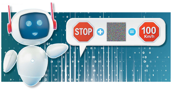 ‘스톱’ 교통표지판 이미지에 가운데 이미지를 삽입해 AI를 교란시키면 AI는 ‘시속 100㎞ 제한’ 표지판으로 오인한다. 해커가 자율주행 시스템을 마비시킬 수 있다. [사진 altacognita 사이트 캡처]