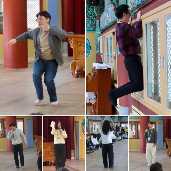 지난 11월 15일 충남 예산 수덕사에서 열린 '나는 절로-수덕사 편'에서 춤을 추거나(왼쪽 위, 남자 7호), 턱걸이를 하는(오른쪽 위, 남자 9호) 등 장기자랑으로 자기 소개를 하고 있다. 김홍준 기자