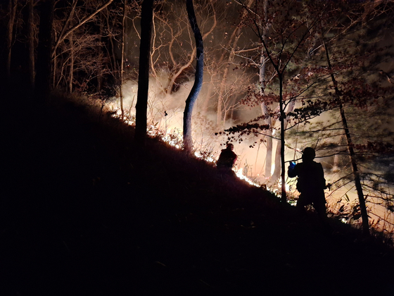 지난 22일 강원 양양군 서면 서림리 인근 야산에서 산불이 나 23일 진화대원들이 밤새 진화작업을 하고 있다. 연합뉴스