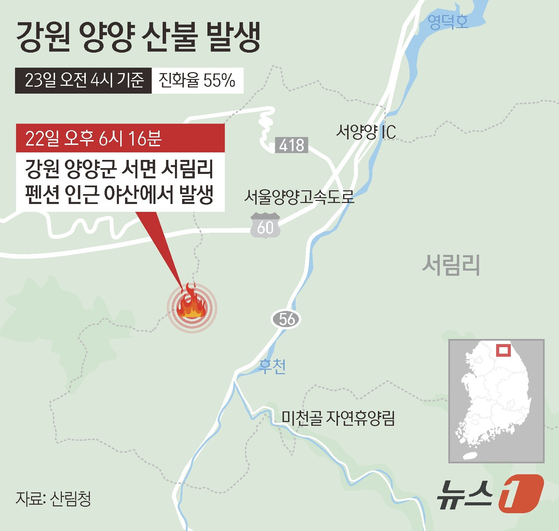 22일 강원 양양군 서면 서림리에서 발생한 산불이 확대되자 산림청이 23일 새벽 산불확산대응 1단계를 발령했다. 산림청은 산불영향구역이 10㏊를 넘어감에 따라 이날 오전 4시를 기해 산불확산대응 1단계를 발령했다고 밝혔다.