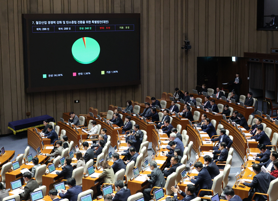 27일 국회 본회의에서 철강산업 경쟁력 강화 및 탄소중립 전환을 위한 특별법안(K-스틸법)이 통과되고 있다. 연합뉴스 