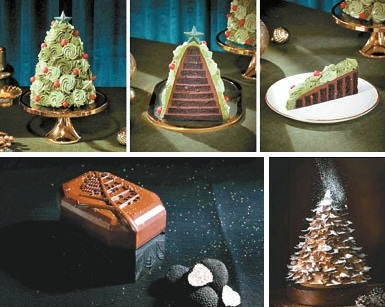 ⑤ 웨스틴 서울 파르나스의 피스타치오 리스, 블랑 포케, 다크 포레스트(왼쪽부터). ⑥ 스타벅스와 조선호텔이 협업해 내놓은 ‘조선델리 노엘 트리 케이크’. ⑦ 포시즌스 호텔 서울의 다이아몬드 포시즌스 리프. ⑧ 파크 하얏트 서울의 사팽 디베르. ⑨ JW메리어트 호텔 서울의 포인세티아 레드벨벳 케이크 [사진 각 호텔]