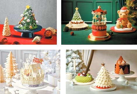 ①하나의 작품을 보는 듯한 2025 페스티브 케이크. ② 안다즈 서울 강남의 ‘페스티브 트리 케이크’. ③ 그랜드 인터컨티넨탈 서울 파르나스의 윈터 보야지, 메리고라운드 멜로디, 윈터 아이베어(왼쪽부터). ④ 워커힐 호텔앤리조트의 ‘2025 뤼미에르 블랑슈’. [사진 각 호텔]