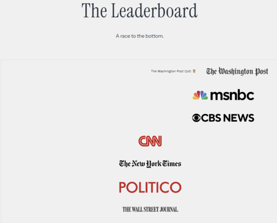언론사별 허위 보도 누적순을 집계한 순위표. 사진 백악관 공홈 캡처 