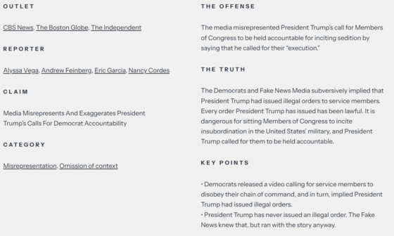 ‘이번 주의 미디어 범죄자(Media Offender of the Week)’에서 백악관이 꼽은 가짜 뉴스 기사와 기사를 작성한 기자 실명, 언론사명 등이 기재돼 있다. 사진 백악관 공홈 캡처 