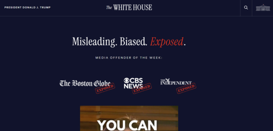 30일 백악관 사이트 내 신설된 ‘미디어 범죄자(Media Offender)’라는 페이지. 사진 백악관 공홈 캡처