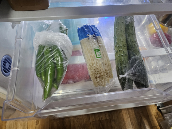 김형석 교수 냉장고를 채운 고추, 오이, 팽이버섯. 정세희 기자