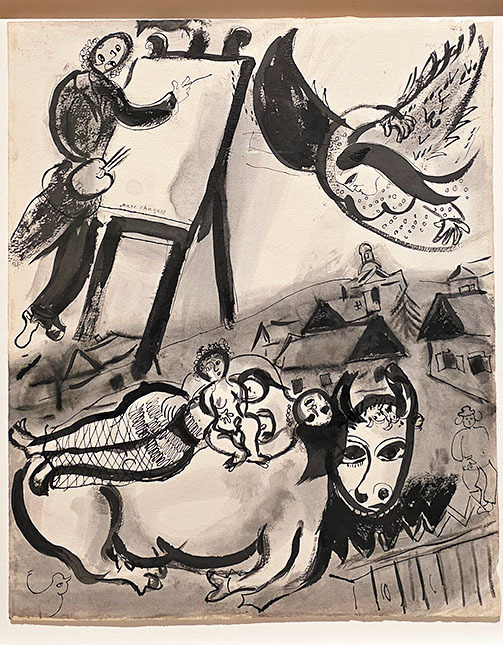 문학에 대한 애정으로 다양한 책 삽화를 제작했던 샤갈이 중국 먹의 번짐효과와 드로잉을 선보인 ‘모성애와 동물’.