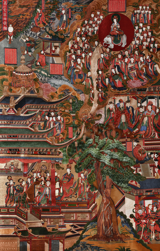 오는 9일부터 13일까지 서울 법련사 불일미술관에서 만날 수 있는 손인숙 작가의 실그림 '팔상도' 중 ‘도솔래상’(150㎝x233㎝). 석가모니의 생애를 여덟 장으로 그린 팔상도를 자수 공예로 재현한 작품으로 도솔래상은 이 가운데 첫번째 장면에 해당한다. 사진 손인숙