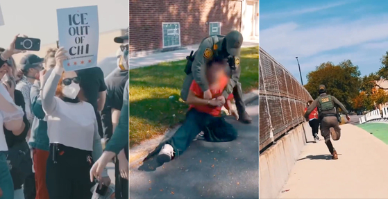 지난 2일 백악관 엑스(X) 계정에 게시된 영상. 이 영상에는 미 이민세관단속국(ICE)에 반대하는 시위대의 모습과 ICE 조끼를 입은 요원들이 누군가를 쫓아 달려가거나 바닥에 제압해 손목에 수갑을 채우는 모습 등이 등장한다. 사진 엑스 캡처 