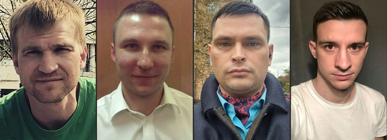 지난 4일(현지시간) 영국 정부가 언급한 사건 가담한 러시아 관계자 11명 중 4명. (왼쪽부터) 아나톨리 블라디미로비치 이스토민, 보리스 알렉세예비치 안토노프, 이고르 안드레예비치 보츠카, 알렉세이 안드레예비치 우메츠. AFP=연합뉴스