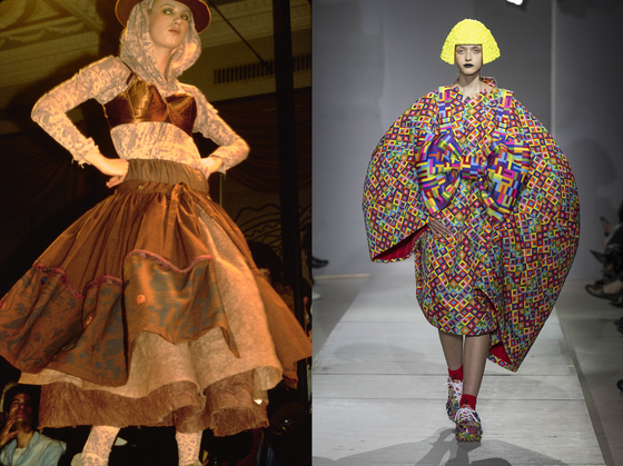 왼쪽부터 비비안 웨스트우드의 ‘노스탤지어 오브 머드’ 컬렉션 의상과 레이 가와쿠보가 디자인한 꼼데가르송 2024 봄·여름 컬렉션. 사진 비비안 웨스트우드·꼼데가르송