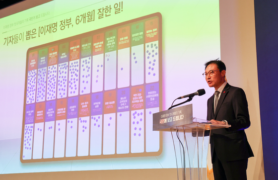 이규연 홍보소통수석이 7일 서울 용산 대통령실 청사에서 열린 '이재명 정부 출범 6개월 성과 간담회'에서 발언하고 있다. 뉴스1