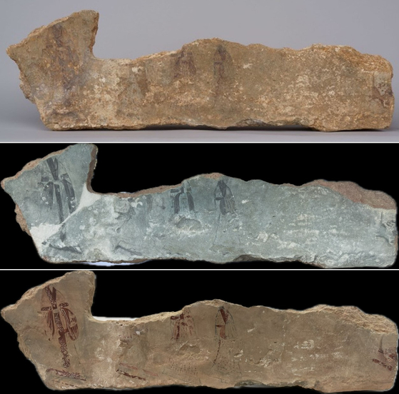 고구려 개마총 고분 벽화편(맨 위 사진)을 초분광 영상기술로 조사(가운데 사진)해 빛바랜 그림의 원래 색을 추정할 수 있게 됐다. 국립중앙박물관