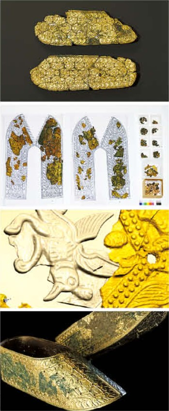 상태가 좋은 바닥판(맨 위 사진)만 전시되던 식리총 금동신발을 3D 스캔, 현미경 분석, CT 조사 등을 통해 일부 추정 복원하는 데 성공했다. 국립중앙박물관