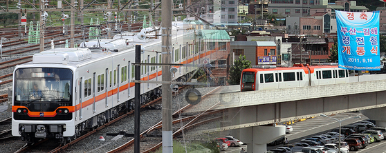 부산 노포기지창 전동차. 오른쪽은 2011년 부산김해경전철 개통 당시 모습. [뉴스1], 송봉근 객원기자