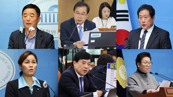 왼쪽부터 시계방향으로 더불어민주당 최고위원 보궐선거 후보군인 강득구 의원, 이건태 의원, 유동철 부산 수영 지역위원장(이상 반청계), 문정복 의원, 이성윤 의원, 임오경 의원(이상 친청계). 중앙포토·연합뉴스·뉴스1