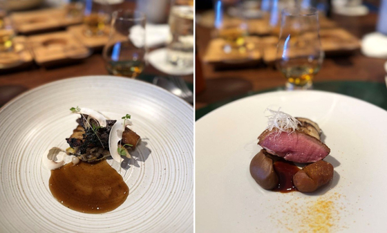 본연에서 준비한 메뉴, 사진 왼쪽은 야마자키 12년과의 페어링 추천 메뉴인 버섯과 흑보리밥. 오른쪽은 히비키 21년과의 페어링 추천 메뉴인 봉화오리. 송정 기자 