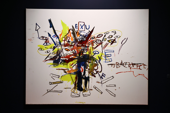 서울 동대문디자인플라자 ‘장 미셀 바스키아 : 과거와 미래를 잇는 상징적 기호들’ 특별전에서 전시 중인 바스키아의 '엑수'. 전시는 내년 1월 31일까지 계속된다.  김종호 기자