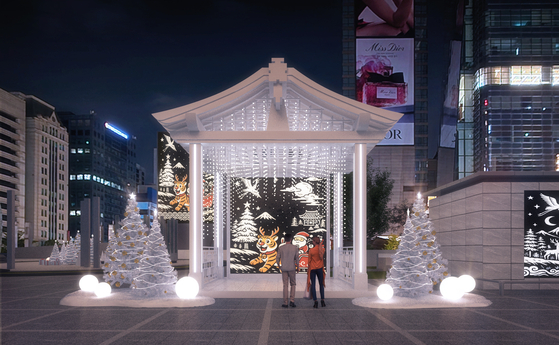 원더 스테이지는 한국적인 처마의 아름다운 곡선과 반짝이는 빛의 물결을 담아낸 축제의 핵심 공간으로 거대한 미디어 파사드 경험을 선사한다. 사진 강남아이즈 