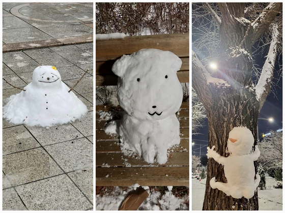 수도권에 첫눈이 내린 지난 4일 각지에 만들어진 눈사람들. 사진 스레드 캡처