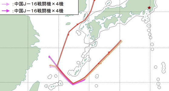 지난 9일 중국과 러시아 폭격기 이동 경로로, 붉은색 별이 일본 도쿄 위치. 사진 통합막료감부