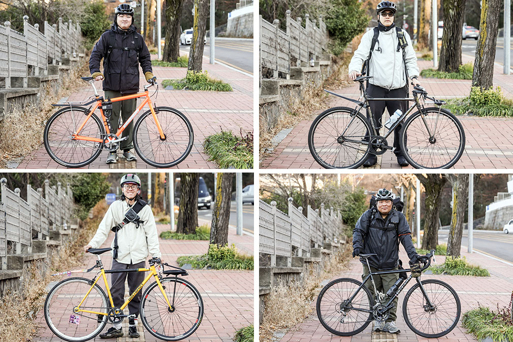자전거 배송 서비스 그리디에 참여하는 전요셉, 이해인, 강민재, 서보필씨(왼쪽 위부터 시계 반대방향)가 자전거와 함께 포즈를 취하고 있다. 김성룡 기자