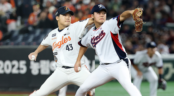 신인 드래프트 전체 2순위로 입단한 프로야구 한화 이글스 강속구 투수 정우주는 올해 데뷔 시즌을 성공적으로 보내며 ‘수퍼 루키’라는 찬사를 받았다. 그의 다음 목표는 월드베이스볼클래식에 나설 야구대표팀 선발진 승선이다. [연합뉴스, 뉴스1]
