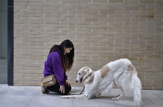 반려견 헤일리(첫째)와 프로필 사진 촬영 중인 서지형 동물 트레이너.