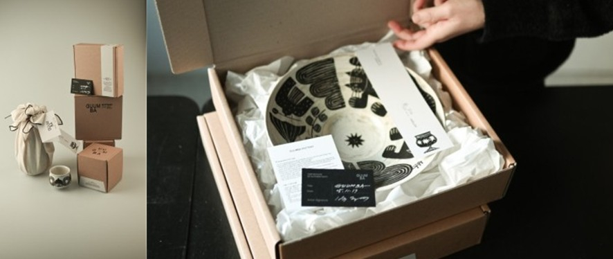 〈사진1,2. 아우스트스튜디오의 새로운 BI가 적용된 패키지와 전통 보자기를 활용한 선물용 패키징〉