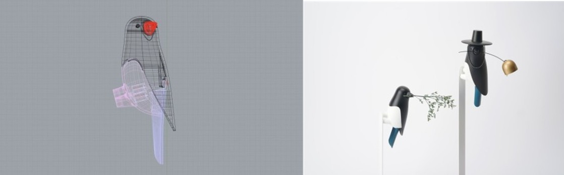 〈사진6,7. 일상이상 신제품 ‘조이버드’의 3D 기구 설계 이미지(좌)와 실제 완성된 제품(우)〉