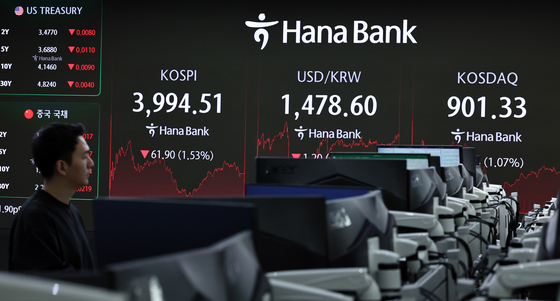 18일 오후 서울 중구 하나은행 본점 딜링룸 전광판에 코스피가 전 거래일 대비 61.9포인트(1.53%) 내린 3994.51을 나타내고 있다. 이날 코스닥도 9.74포인트(1.07%) 내린 901.33에 장을 마쳤다. 서울외환시장에서 달러·원 환율은 전일 오후 3시 30분 주간종가 대비 1.5원 내린 1478.3원을 기록했다. 뉴스1