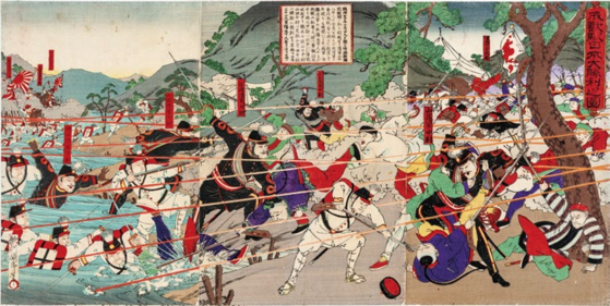 안중근 의사의 유묵 '장탄일성선조일본(長歎一聲先弔日本)' 환수를 기념하는 특별전 '동양지사 안중근, 통일이 독립이다'가 2026년 4월 5일까지 경기도박물관 기증실에서 열린다. 사진은 성환·안성·아산 등지에서 벌어진 청일전쟁 장면을 담은 일본판화. 사진 경기도박물관