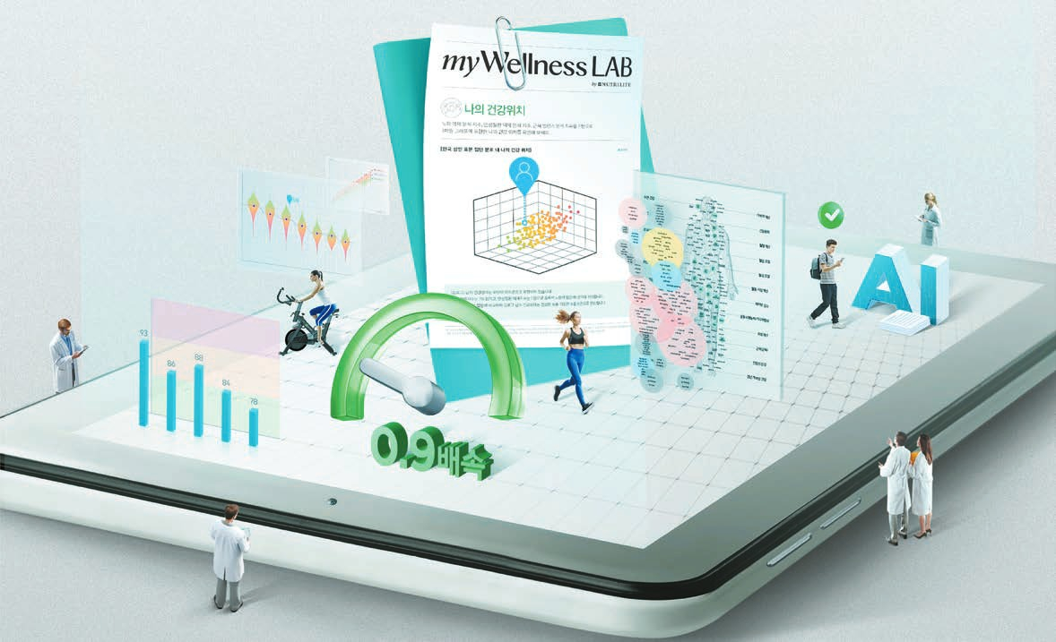 한국암웨이가 개인맞춤 건강수명 플랫폼 ‘마이웰니스 랩’을 선보인다. 건강검진 결과 및 생활습관 정보를 입력하면 AI 알고리즘으로 노화 속도 등 건강지수를 분석해 생활습관을 개선하도록 도와주는 맞춤형 헬스케어 솔루션이다. [사진 한국암웨이]