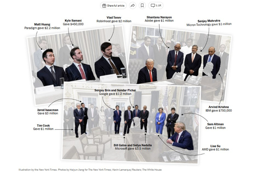 뉴욕타임스(NYT)는 22일(현지시간) 도널드 트럼프 미국 대통령에게 25만 달러 이상을 기부한 346명 가운데 최소 32명이 내각을 포함한 지명직에 발탁된 것으로 나타났다고 보도했다. NYT캡쳐
