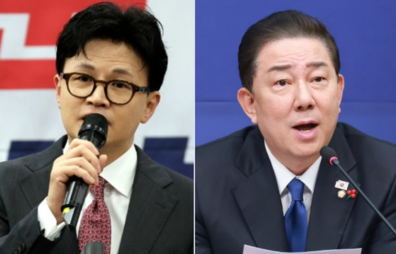 한동훈 전 국민의힘 대표(왼쪽)·김병기 더불어민주당 원내대표. 연합뉴스