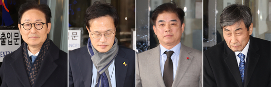 국회 '패스트트랙 충돌' 사건에 연루된 더불어민주당 박범계(왼쪽부터)·박주민 의원과 김병욱 대통령실 정무비서관, 이종걸 전 의원이 지난 19일 서울 양천구 서울남부지법에서 열린 1심 선고 공판을 마치고 법원을 나서고 있다. 연합뉴스