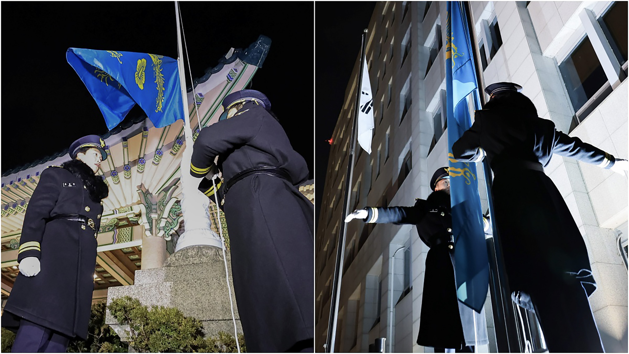 29일 오전 0시 청와대에서 근무자들이 봉황기를 게양하고 있다(왼쪽 사진). 같은날 같은 시각 용산 대통령실에서 관계자들이 봉황기를 하기하고 있다. 청와대사진기자단