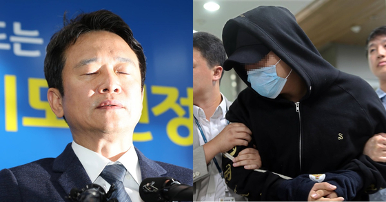 2017년 9월 마약 투약 혐의로 체포된 주성씨(오른쪽), 그 직후 기자회견을 열고 "저의 불찰”이라고 밝힌 남경필 당시 경기도지사. 연합뉴스