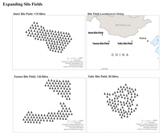 중국 3개 중요 미사일 사일로 거점과 각 거점별 사일로 배치도. 미 국방부