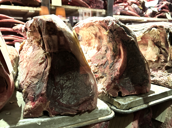 뉴욕의 드라이 에이징 전문점 숙성실에서 에이징 중인 숏로인(티본). 일정한 온도와 습도, 공기 순환 속에서 수분이 서서히 빠지며 풍미가 농축된다. 사진 김광중 