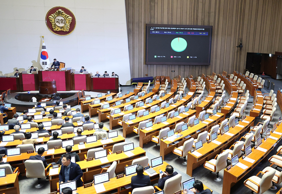 지난 23일 국회 본회의에서 12·3 윤석열 비상계엄 등에 대한 전담재판부 설치 및 제보자 보호 등에 관한 특별법안(대안) 수정안이 본회의서 통과됐다. 임현동 기자