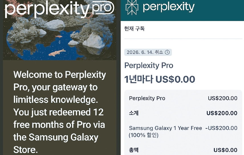 삼성 갤럭시 스마트폰의 퍼플렉시티 프로 결제 내용. 1년간 무료로 사용할 수 있다. 박낙희 기자