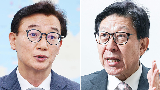 전재수 전 해양수산부 장관과 박형준 부산시장. 연합뉴스, 김경록 기자