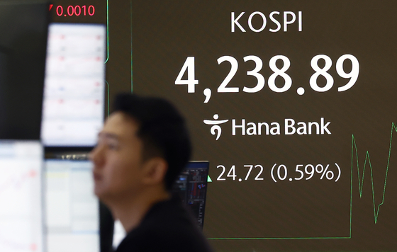 코스피가 새해 첫 거래일에 4230선을 돌파하며 장중 사상 최고치를 경신한 2일 오전 서울 중구 하나은행 딜링룸 전광판에 코스피 지수가 나오고 있다. 뉴스1