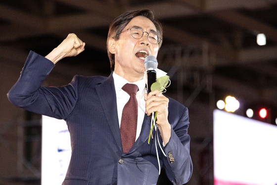 조경태 국민의힘 당대표 후보가 지난해 8월 오후 충청북도 청주시 오스코에서 열린 국민의힘 제6차 전당대회에서 비전 발표를 하고 있다. 전민규 기자